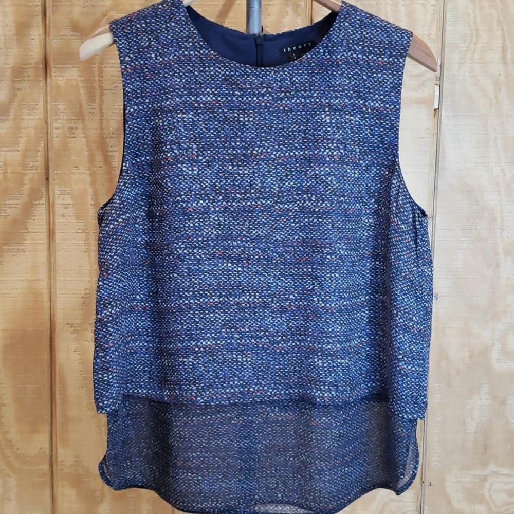 Theory Navy Print Silk Sleeveless Double Layer Blouse Size L